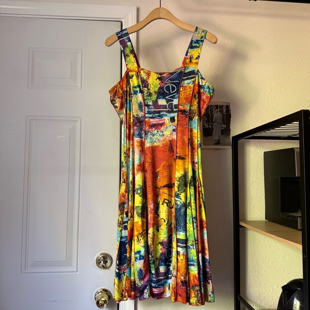 Sacred Threads multicolor abstract neon graffiti paint sleeveless knit mini